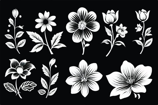 Decorative flowers set, design elements. Can be used for cards, invitations, banners, posters, print design. Floral background. Garden white silhouette icons vector set. Set of black and white flowers