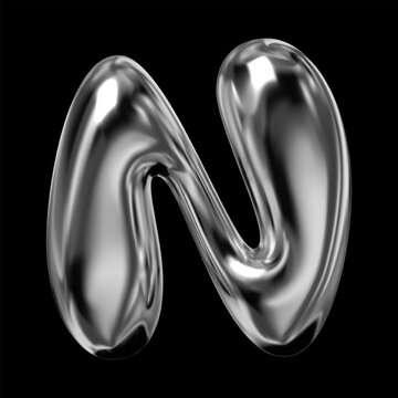 Shiny 3D chrome letter N, retro futuristic balloon bubble style , liquid metal effect with reflective gloss, isolated volumetric rendering, Y2K vector for modern design