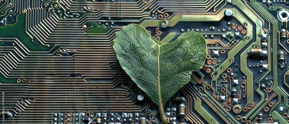 Fototapete The leaf represents green computing / green IT / csr / it ethics / green computing on a computer circuit board