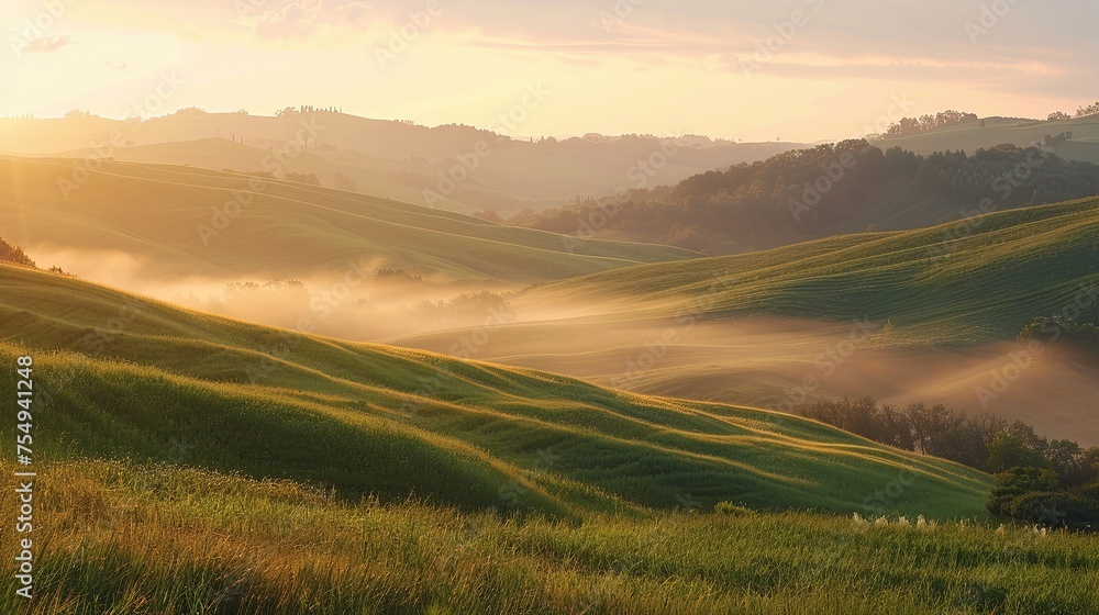 Poster sunlight filtering through misty farm fields early morning light breaks across undulating farm field