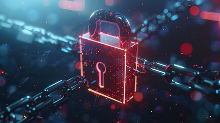 A glowing digital padlock with chains against a dark, abstract background symbolizes robust cybersecurity measures.