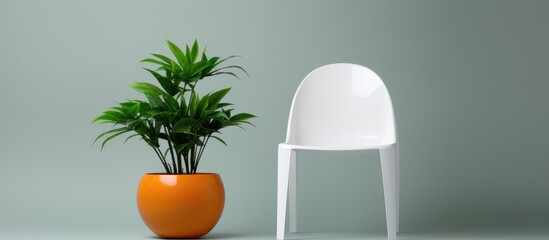 A white plastic chair positioned next to a vibrant orange potted plant in a minimalist style setting. The contrast between the chair and the plant adds a pop of color to the scene.
