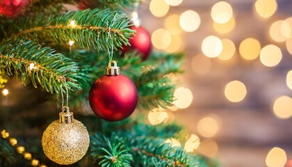 Obraz na płótnie Canvas christmas tree decorated on blurred bokeh lights background