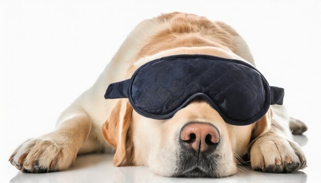 cute labrador retriever with sleep mask resting on white background