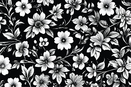 Abstract seamless pattern with plants, herbs and flowers, colorful botanical illustration. Monochrome seamless pattern with exotic flowers. Seamless monochrome floral background with roses.           