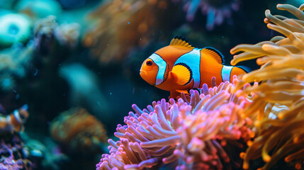 A clown anemonefish in colorful anemone - obrazy, fototapety, plakaty