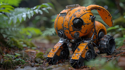 A small, orange, wheeled robotic vehicle rabbit navigates through a wet forest floor, depicting the intersection of technology and nature.