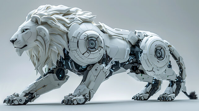 An impressively detailed white robotic lion, featuring a meticulously designed mane and a powerful stance, represents a synergy of technology and the animal kingdom.