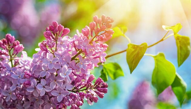 beautiful floral natural wild pink lilac flowers spring lilac flowers in the rays of sunlight in spring a picturesque artistic image with a soft focus illustration