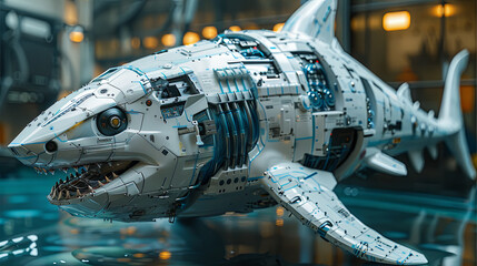 Featuring silver alloy craftsmanship, the robotic shark sculpture merges sci-fi elegance with the...