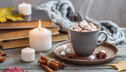 Fototapeta na wymiar aromatherapy on a grey fall morning atmosphere of cosiness and relax autumn cozy home composition with hot chocolate with marshmallow and candles wooden background books close up