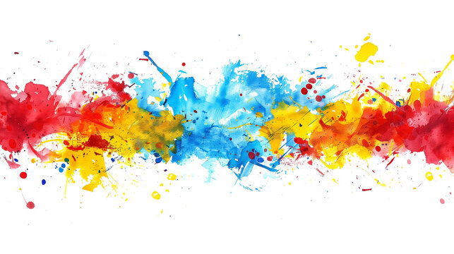 A colorful line of paint splatters on a white background