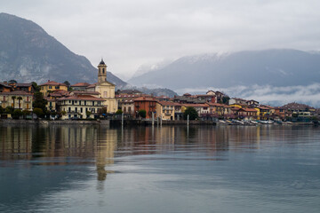 Panorama of Feriolo seen from the lake. Feriolo, city of Verbania, Italy. On Lake Maggiore.