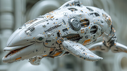 This advanced robotic dolphin, with its sleek design, propels through water, a symbol of aquatic innovation and intelligence.