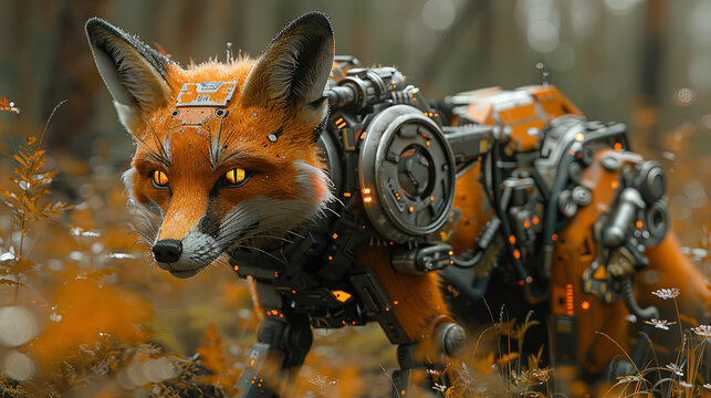 This advanced animatronic robotic fox, drenched under raindrops, blends cybernetic engineering with the wilderness's raw beauty.
