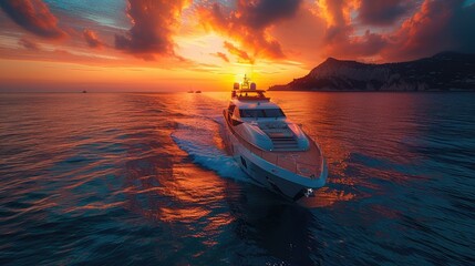 Luxury Yacht Sailing at Sunset on Calm Ocean Waters - obrazy, fototapety, plakaty