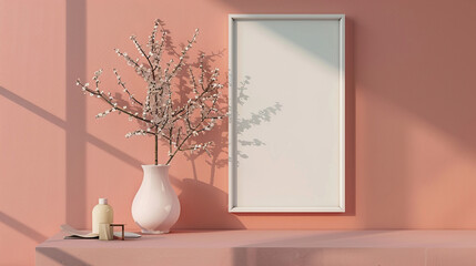 A soft peach poster frame adds a subtle hint of color to a minimalist Scandinavian interior design.