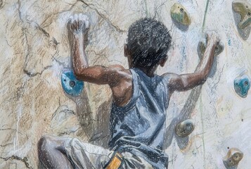 Ultra-calistic drawing, small African-American boy climbing the wall of a climbing wall, outdoors, volumetric lighting emphasizes and conveys sincere emotions