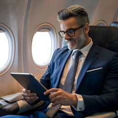 businessman working on tablet inside a plane,generative ai