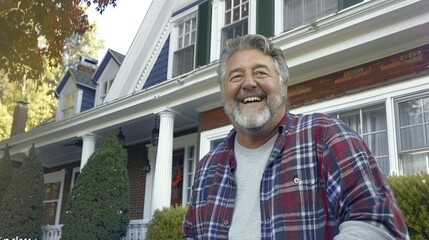 Mature man smiling, and wearing flannel shirt with a handsome beard, in front of a house. - obrazy, fototapety, plakaty