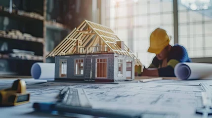 Foto op Plexiglas Illustration, model miniature of a house, over a blueprint. © MiguelAngel