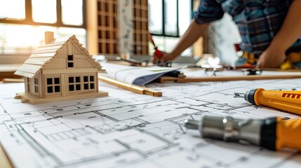 Illustration, model miniature of a house, over a blueprint. - obrazy, fototapety, plakaty
