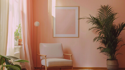 A soft peach poster frame adds a subtle hint of color to a minimalist Scandinavian interior design.