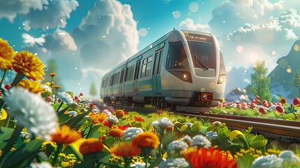 Electric train crossing a field with flowers on spring day, painted style. - obrazy, fototapety, plakaty