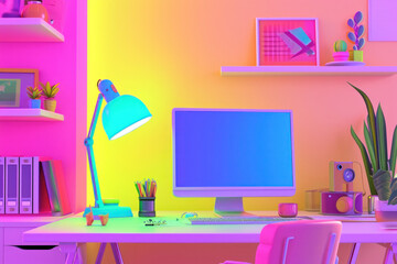 Modern workspace with computer and lamp on desk in front of vibrant pink and blue wall