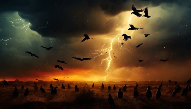 black crows in the sky in a storm