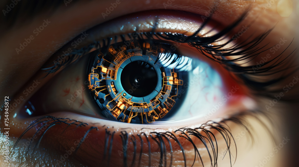 Poster hyperrealistic human eye close-up with microchip in the center of the eye. sci-fi concept of cyborg 