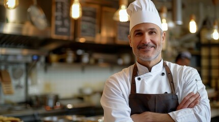 Smiling middle aged male chef with chef hat and crossed arms wears apron standing in the kitchen of his restaurant.