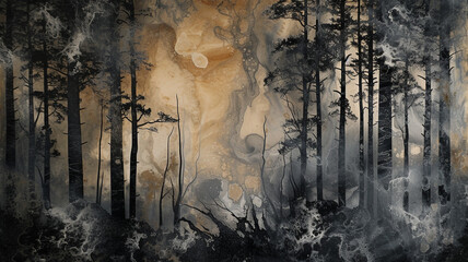 Whispers of a forest at dusk depicted through abstract marble arrangements, inviting viewers to delve into the mystique of nature's twilight beauty. - obrazy, fototapety, plakaty