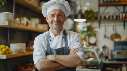 Smiling middle aged male chef with chef hat and crossed arms wears apron standing in the kitchen of his restaurant. - Powered by Adobe