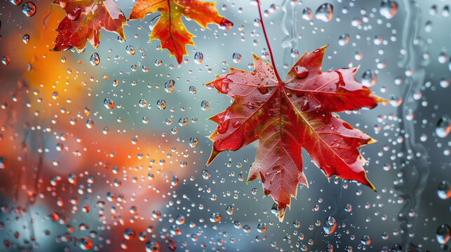 Red maple leaves and wet glass with rainy drops texture. Autumn background