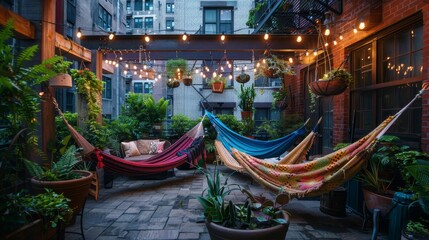 A cozy, intimate urban courtyard setting with colorful hammocks, twinkling lights, and a lush display of plants, nestled between brick buildings.