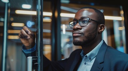 Naklejka premium A man uses a finger scanner to unlock a glass door in the office building where he works.