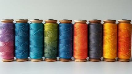 A neat lineup of colorful thread spools on a wooden surface, showcasing a spectrum for sewing and crafts.