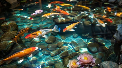 Foto op Canvas A serene koi pond with a multitude of colorful fish swimming among floating water lilies and reflected light dancing on the water's surface. © Sodapeaw