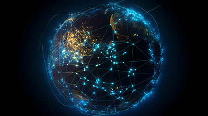 Obraz premium Digital technology network big data effect connected node cluster network, abstract connection background line sphere
