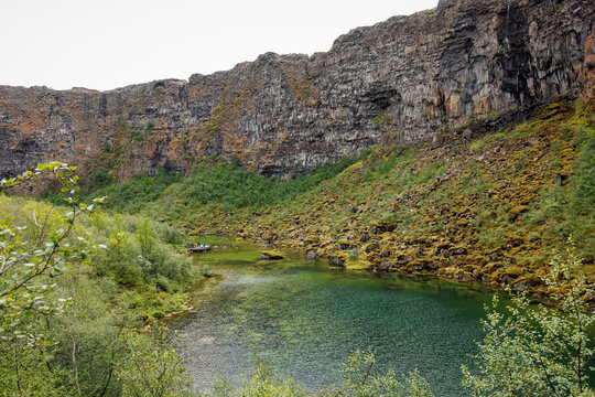 Asbyrgi Canyon, or the Shelter of the Gods, a magical place and natural attraction in Iceland. Natural wonders tours concept.