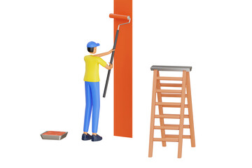 Male Painter painting wall 3D Illustration. Craftsman painting white wall with roller paint. 3D Illustration