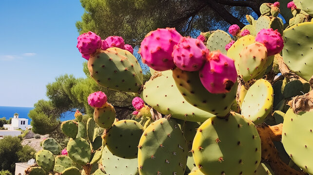 Pink cactus and blue sky