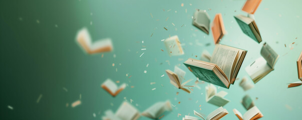 Flying books on a teal background with dynamic movement.  Reading and education concept. Design for bookmark or banner with copy space for World Book Day.