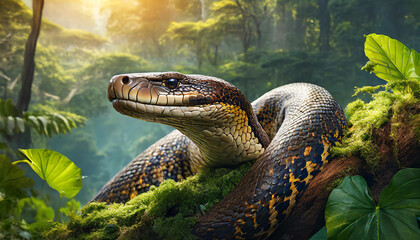 Close of an anaconda in the amazon jungle - obrazy, fototapety, plakaty