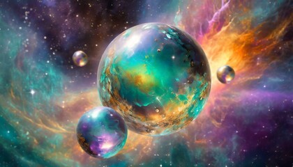 A nebula dreamscape featuring soap-like, silver mirrored, iridescent, reflective spheres. These spheres float ethereally in a soft-colored, futuristic space setting. 