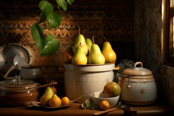 Obraz na płótnie Canvas Fragrant Pears ripe table kitchen. Apple tree. Generate Ai