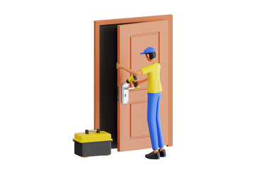 Man is repairing the door 3d illustration. Door service 3d illustration