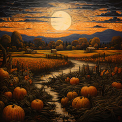 Harvest moon rising over a field of pumpkins.