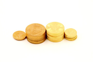 Stacked Krugerrand & Meaple Leaf Gold Coins
